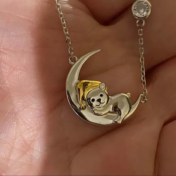 Two- Tone Sterling Silver Sleepy Time Bear On Moon Necklace - Image 3