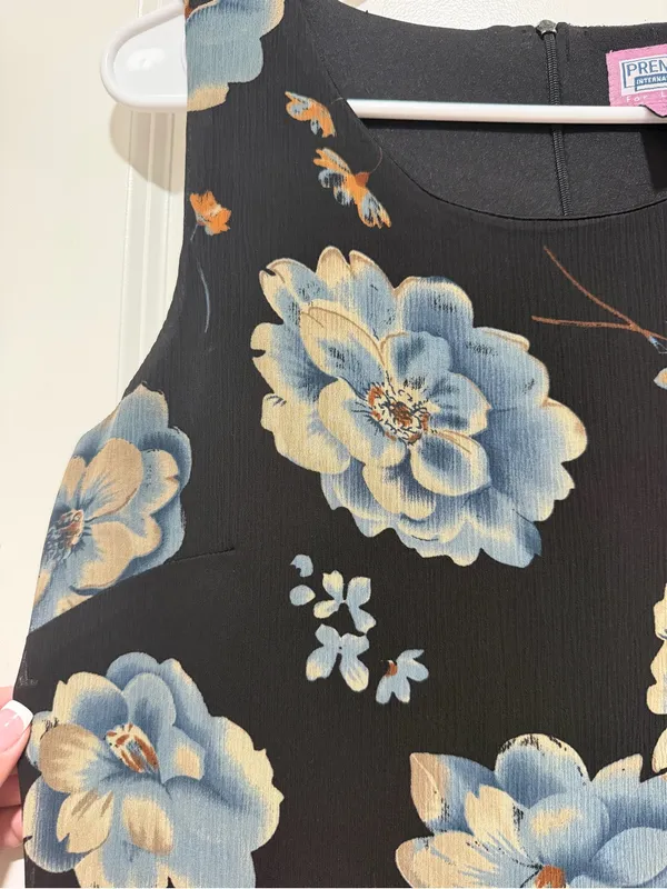 Preview International Black Maxi Dress with Blue and Tan Floral Print - Image 3