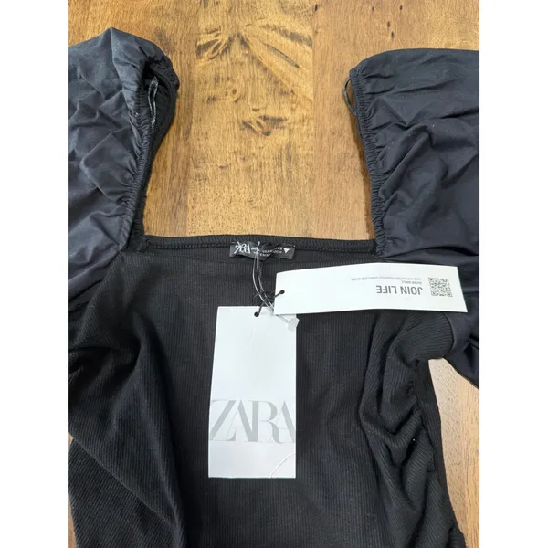 NWT Womens Zara black puff sleeve crop top blouse‎ ribbed size M - Image 4