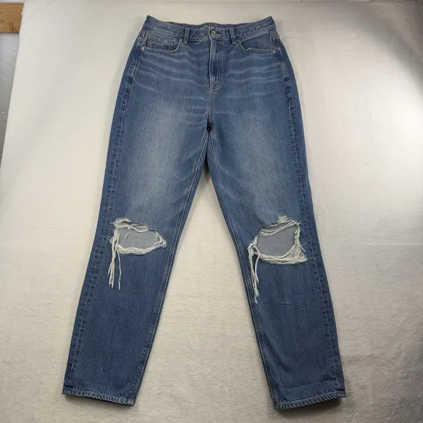 American Eagle 10 Long 10T Highest Rise Mom‎ Jeans Ripped Knee Distressed Blue - Image 2