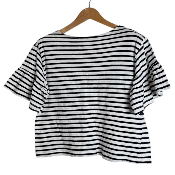 Zara Deep Navy/White Striped Short Ruffle Sleeve Boxy Cut Top/Tee size M - Image 2
