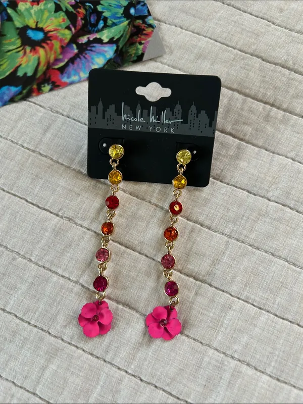 Anthropologie Nicole Miller nwt colorful rhinestone, floral, gold tone, dangle party earrings - Image 5