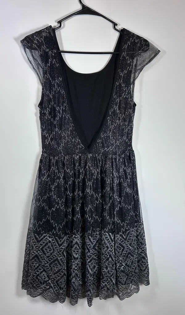 Pins & Needles Size 6 Black Silver Metallic Lace Fit and Flare Mini Dress - Image 5