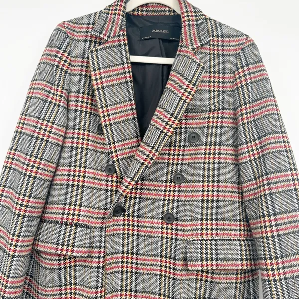 Zara Womens Plaid Wool‎ Blend Double Breasted Dark Academia Longline Coat Size M - Image 2
