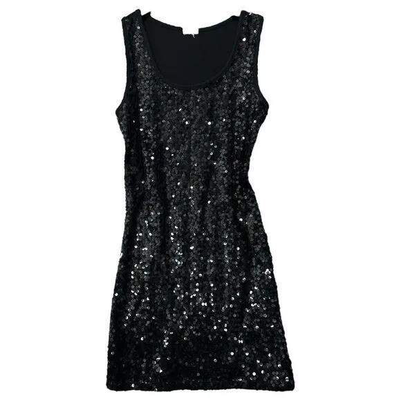 Womens Black Sequin Sleeveless Bodycon Cocktail Dress Size 0 90's Clubwear Glam‎ - Image 3