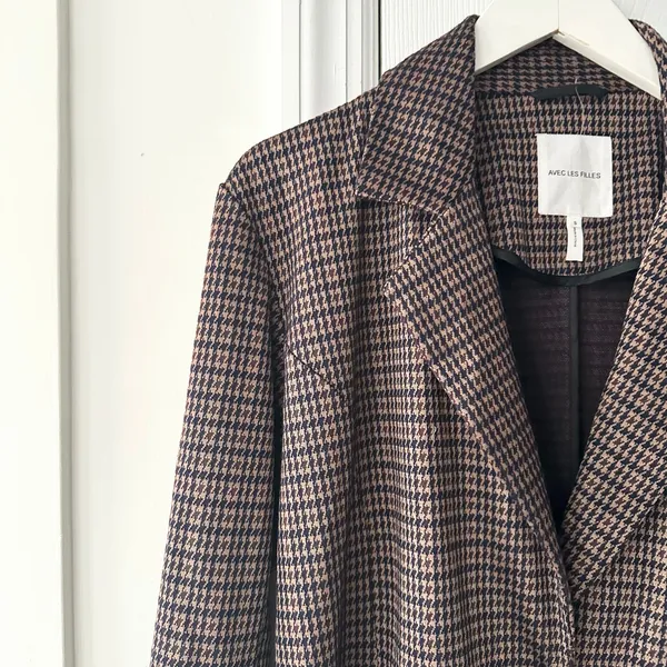 Avec Les Filles Anthropologie Brown Blue Houndstooth Longline Blazer Small 80103 - Image 3