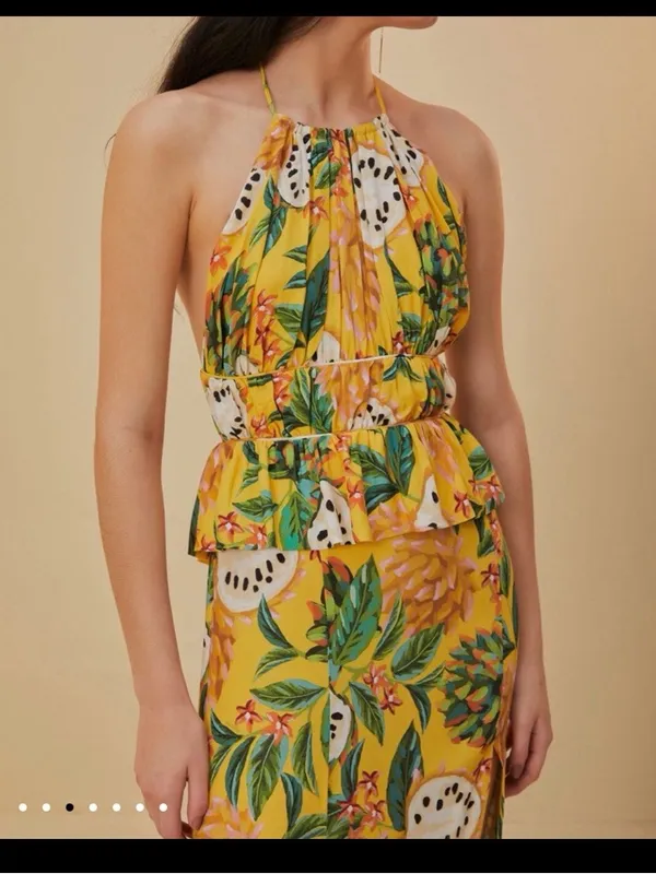 FARM Rio BiRiBA Yellow Tropical Halter Midi Dress with Side Slit and Peplum - Image 3