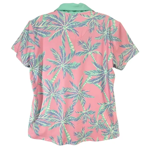 Ana Clare Active Mer Top Pink Paradise Palm Print UPF 50 Golf Polo Shirt‎ Size L - Image 4