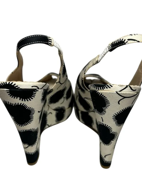 Oscar de la Renta Women’s 37.5 7.5 Black Cream Floral Slingback Platform Wedges - Image 6