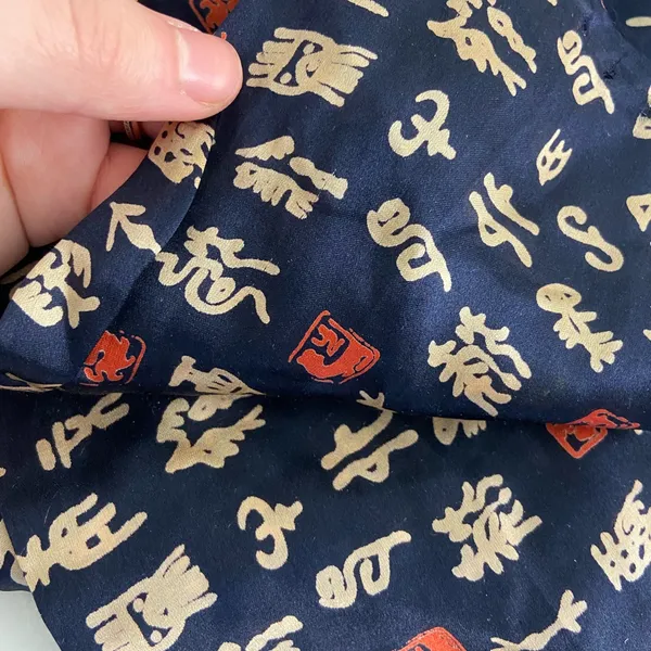 EUC Navy blue gold lettering pattern 100%‎ silk scarf neck tie wrap - Image 4
