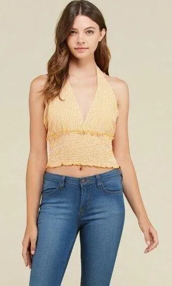 Festival Boho Plunge Gingham Halter Crop Top Red Size M - Image 4