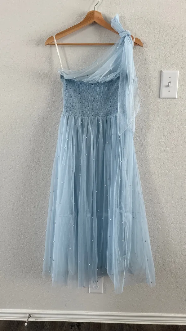 Altar'd State Arula x The Xquisite Ciel blue One Shoulder Pearl Tulle Midi Dress - Image 4