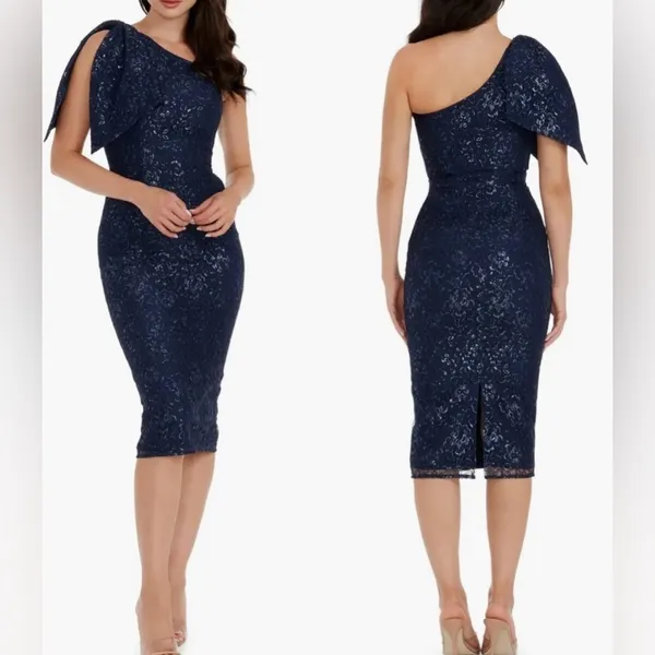 NWOT DRESS THE POPULATION Tiffany One-Shoulder Midi Lace Dress Navy S - Image 2