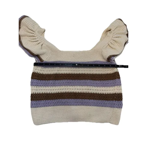 MNG Mango Beige Striped Knit Ruffle Flutter Sleeve Square Neck Cropped Top S - Image 12