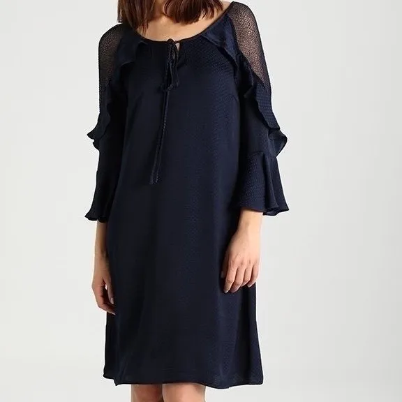 Evans Navy Blue Polka Dot Ruffle Lace Shoulder‎ Shift Dress Size 16 Bell Sleeve - Image 4