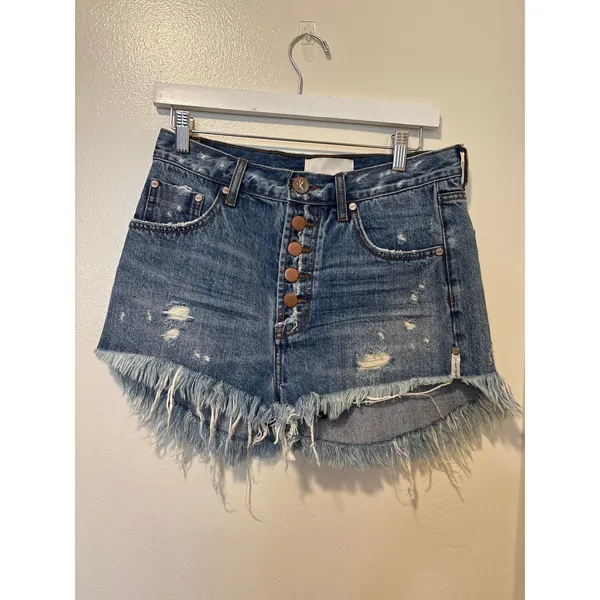 One Teaspoon Sz 26 Outlaws Low Waist Button Fly Cut Off Denim Blue Jean Shorts - Image 2