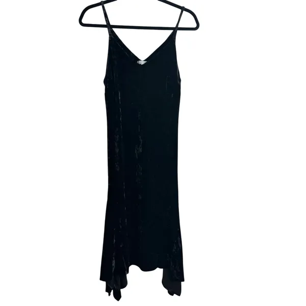 Leith Crushed Velvet Midi V Neck Flared Hem Black Cocktail Dress Extra Small - Image 2