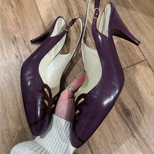 BRUNO MAGLI VINTAGE Italian Leather Designer Purple Slingback Kitten Heels | 7.5 - Image 6