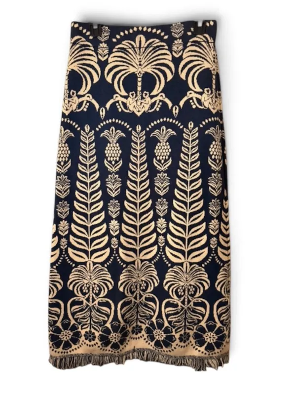 FARM Rio Ainika Tropical Splendor Knit Midi Skirt Navy Blue Cream Fringe M - Image 4