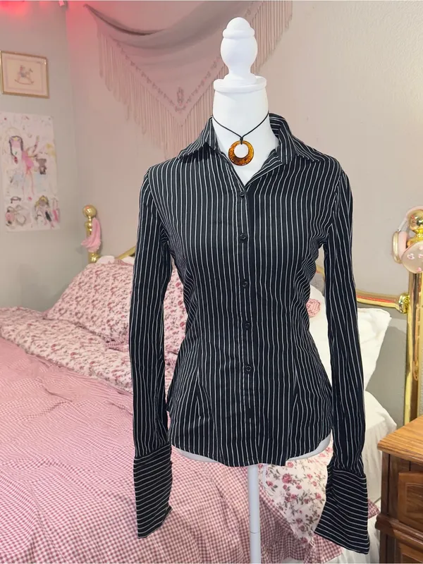 Y2K Office Siren Black Pinstripe Button-Down Women's Shirt - Image 2