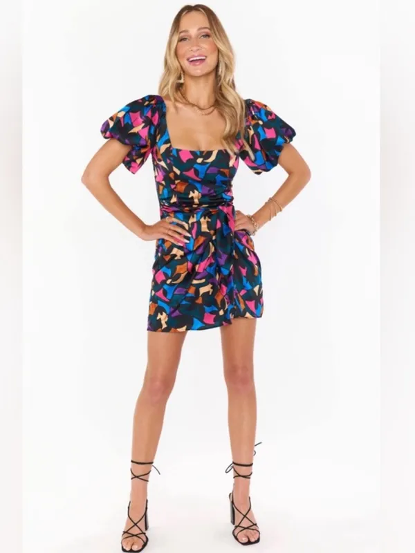 Show Me Your Mumu Danielle Mini Dress Geometric Multicolored Puff Sleeve Size M - Image 2