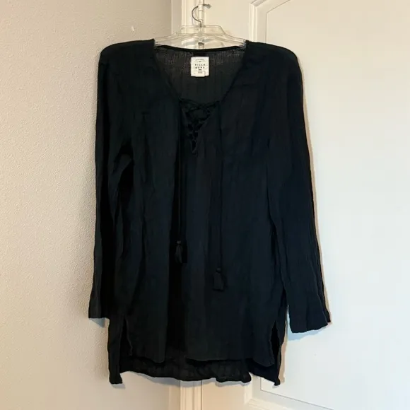 SALE Billabong Black Lace-Up Beach Cover-Up Dress Long Sleeve Boho Small - Image 11