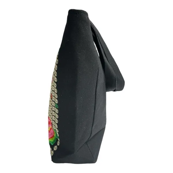 Guatemalan Embroidered Boho Floral Tote Bag Black Canvas Coin Trim - Image 6
