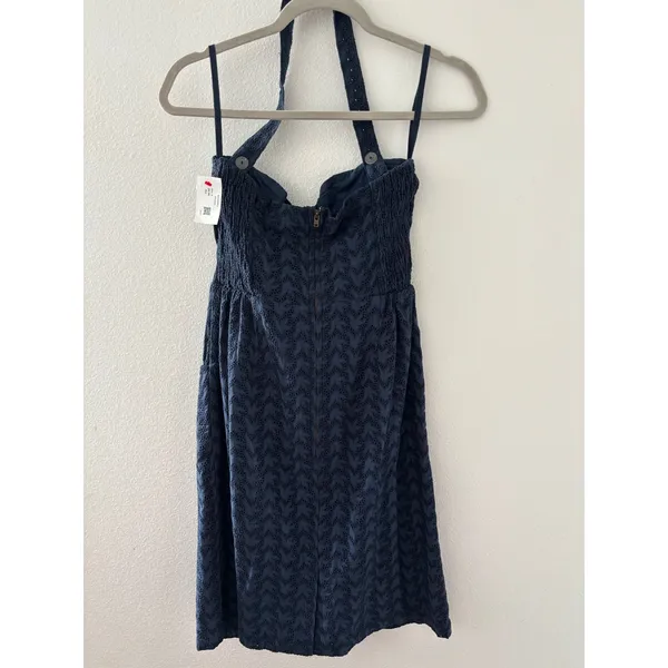 Girl from Savoy Anthropologie Navy Blue‎ Eyelet Halter Dress Pockets Size 4 - Image 2