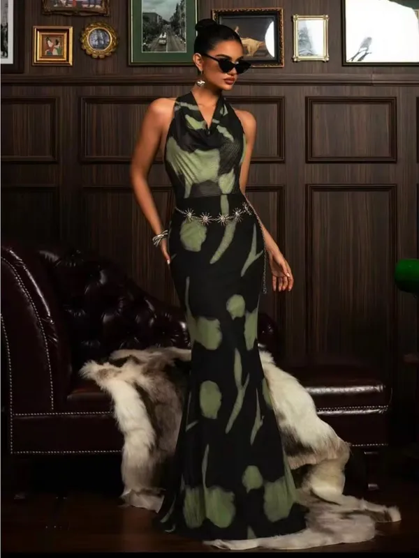 Faeriesty Dramatic mermaid Black Green Camo Halter neck Printed Maxi Dress S - Image 5