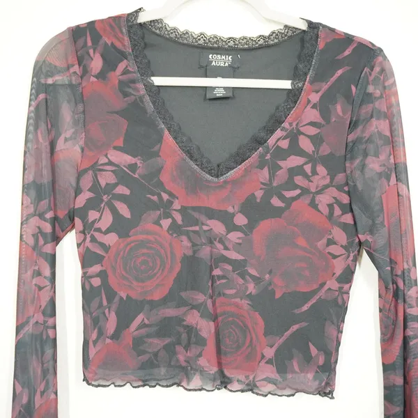 Cosmic Aura Red Rose Floral Mesh Crop Top Lace Trim Bell Sleeve Y2K Gothic Sheer - Image 2
