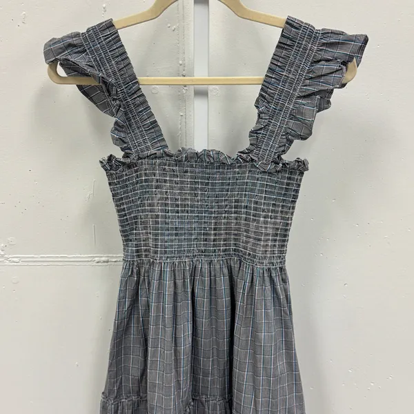Hill House Ellie‎ Nap Dress XS Grey Blue Plaid Smocked Ruffle Midi Dress Picnic - Image 6