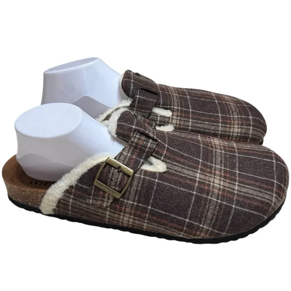 NWOT Fitory Plaid‎ Mule Slip Ons Cork Footbed Cozy Cabincore Holiday Women’s 12 - Image 4