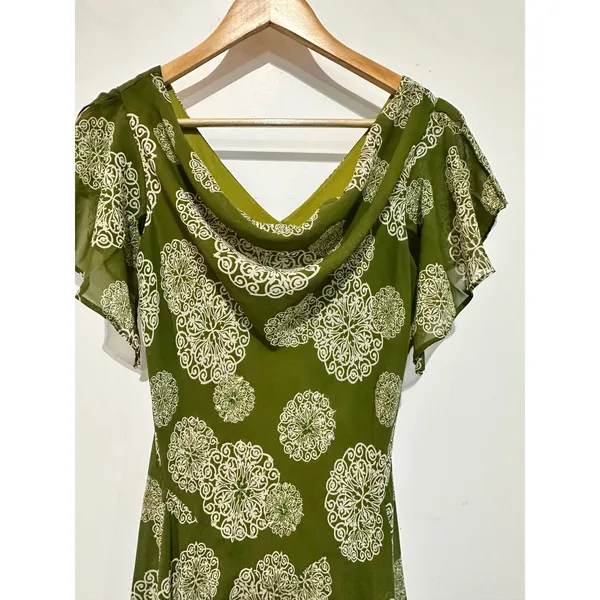 Robbie Bee Vintage Green Medallion Cowl Neck Handkerchief Dress Size 6 Fairycore - Image 5