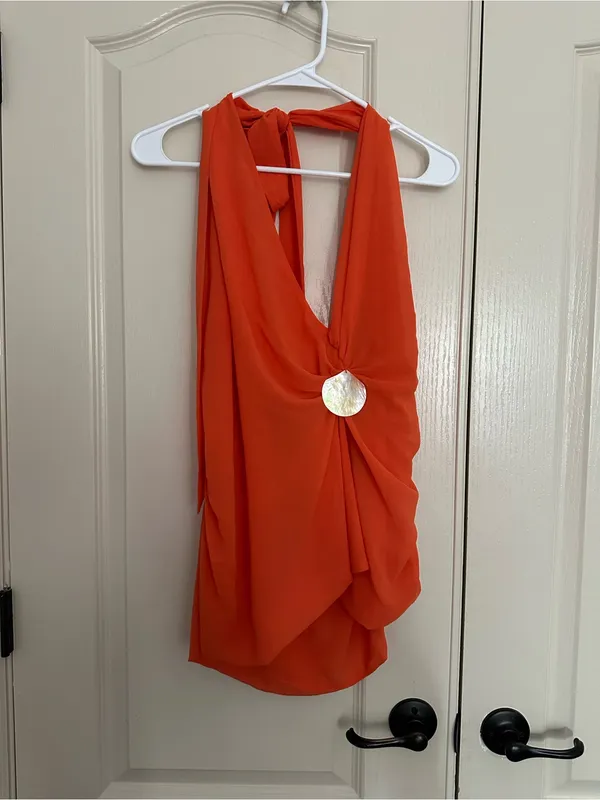 Peppermayo Orange Halter Mini Dress with Shell Accent - Image 4