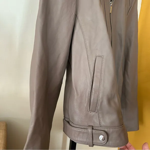 Cole Haan 100% Genuine Lambskin Leather Moto Jacket Lined‎ Biker Taupe Size M - Image 10
