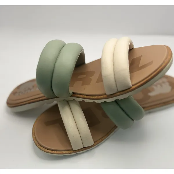 Sorel Roaming Puffy Slide Sandals Sage Green Cream Leather Flat Slip‎ On Women - Image 3