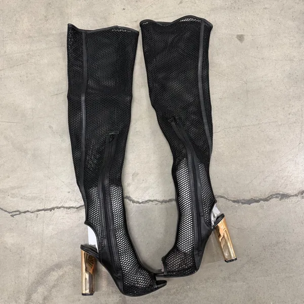 Bamboo Black Mesh Over The Knee Boots Open Toe Gold Block Heel Womens 7 - Image 11