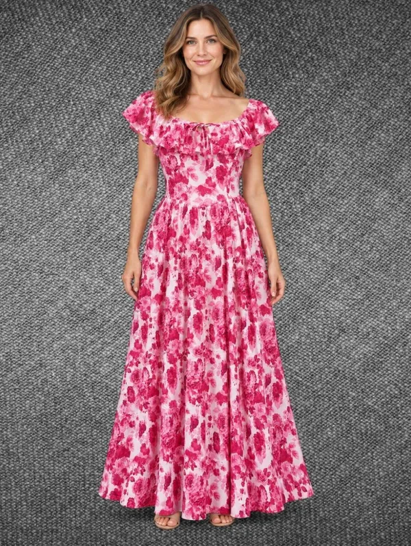 Grace Karin Pink Floral Ruffle Maxi Dress Size M - Image 2