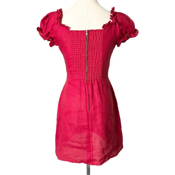 Reformation Klara 100% Linen Mini Dress Lipstick Red Lace-Up Puff Sleeve Size 2 - Image 3