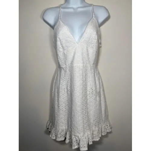 MINKPINK x REVOLVE Eyelet Mini‎ Dress Medium White Cutout Back Ruffle Hem Bride - Image 3