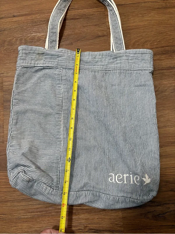 Aerie Striped Canvas Tote Bag Blue White Pocket Casual Beach Shopping Bag - Image 5