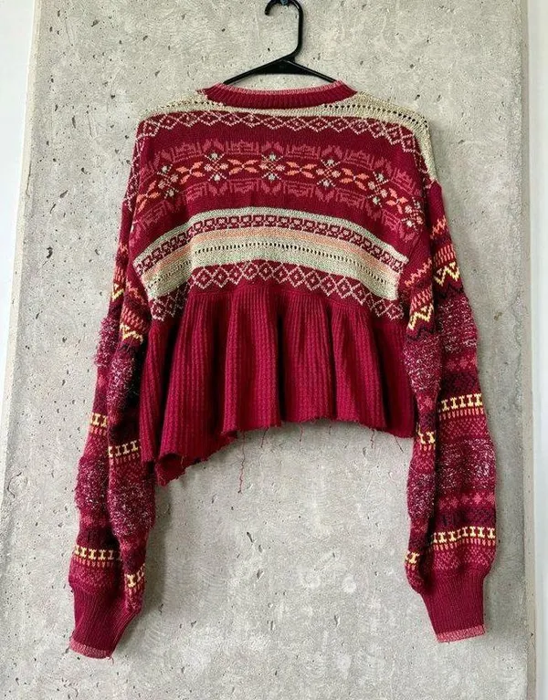 Free People Maroon Fair Isle Zip-Up Cropped Sweater - Size S - Image 2