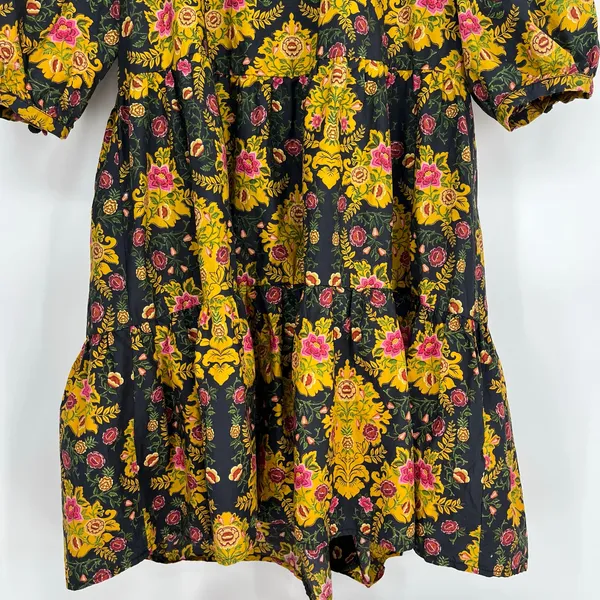Farm Rio Arabesque Floral Mini Dress Puff Sleeve Tiered Black Yellow Large - Image 5
