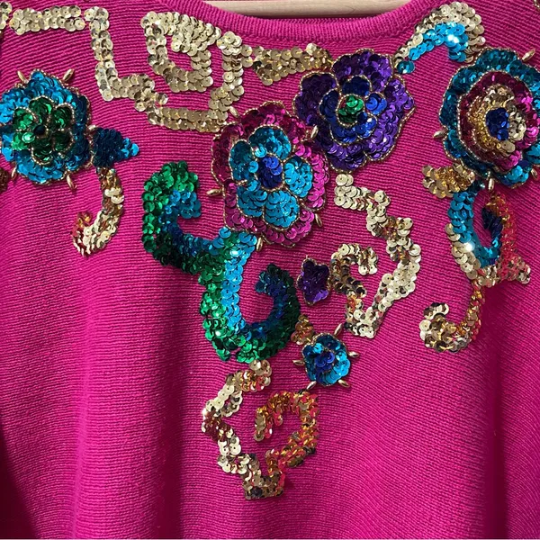 Vintage SML Glitz 80s Pink Knit Sequin‎ Funky Cotton Blend Sweater sz XL. - Image 2