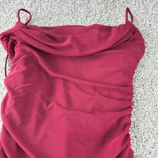 Oh Polly Dark Red Ruched Mesh Cowl Neck Bodycon Mini Dress Size 2 Homecoming - Image 4
