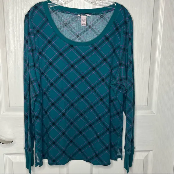 Victoria’s Secret Sz XL Long Pajama Set Teal Purple Black Argyle Plaid - Image 2
