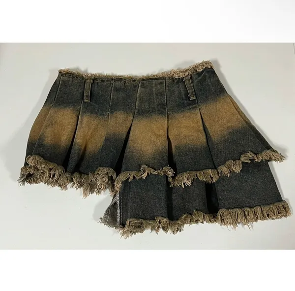 Blue Tan Gold-Wash Jean Denim Ruffle Asymmetrical Mini Skirt Bottoms Size S 💙🤎✨ - Image 2