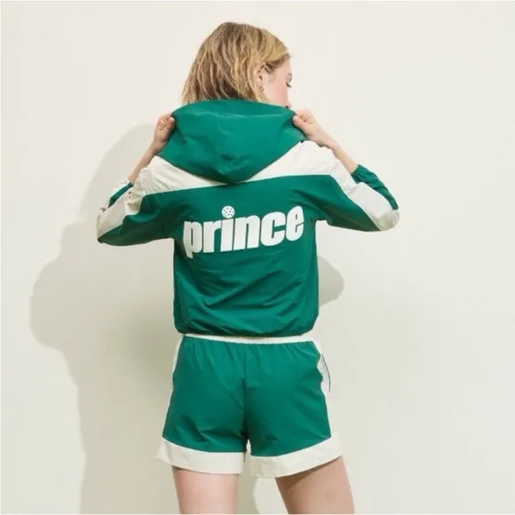 Prince Green Jacket Windbreaker Zip Hooded Cropped and shorts‎ Logo Size xs - Image 2