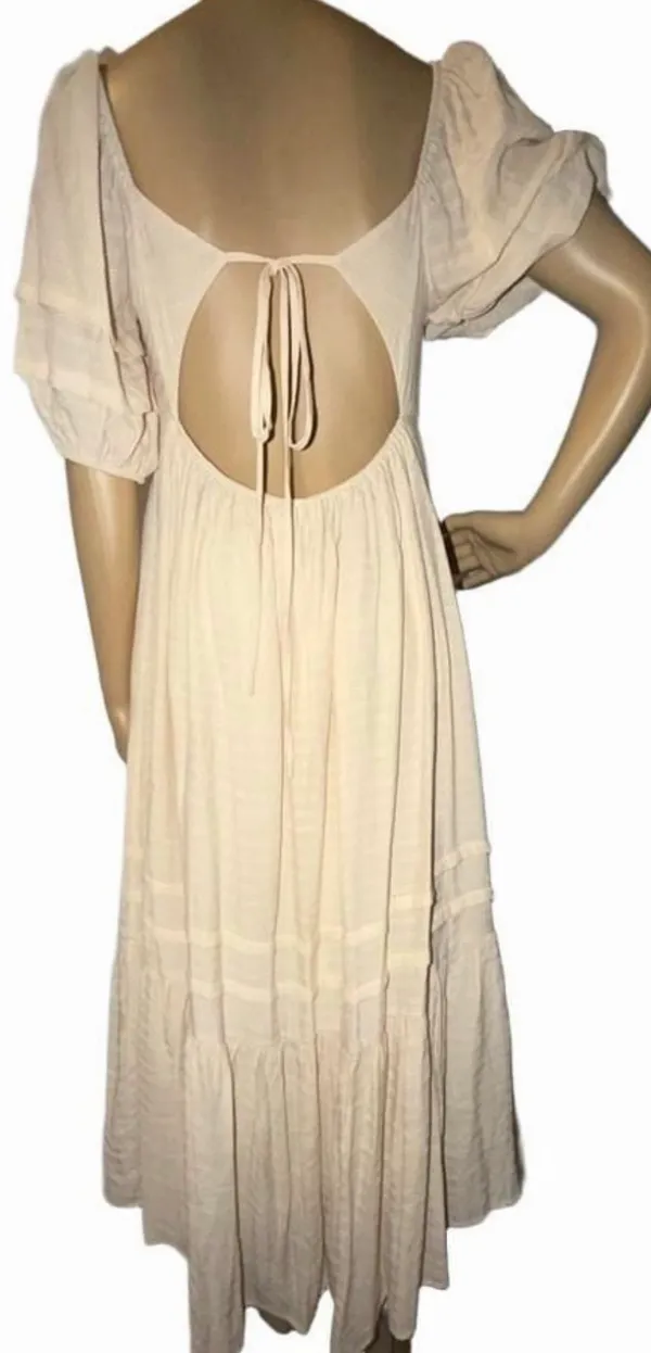 Vici Women's Small Beige Puff Sleeve Tie Back Midi Dress - Image 5