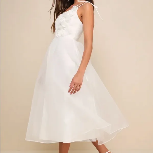 Lulus Intentionally Darling White Organza Tie-Strap Rosette Midi Dress - Image 2